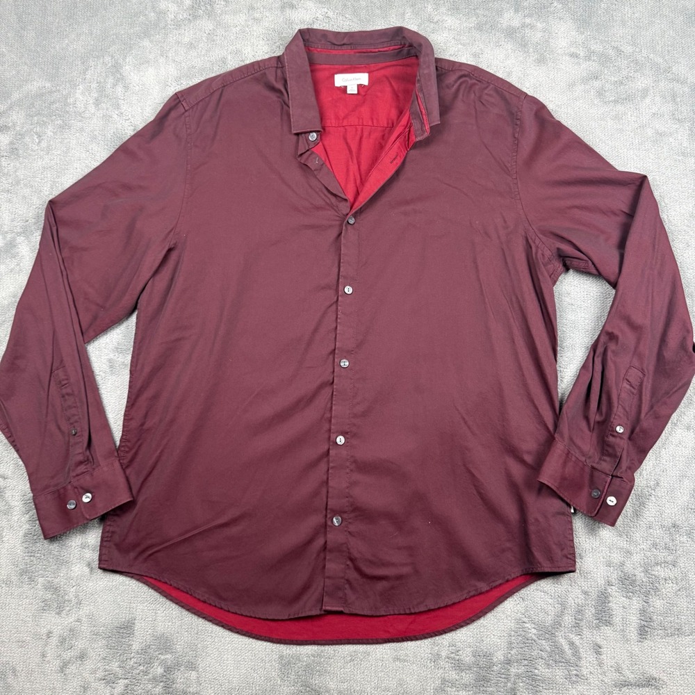 Calvin Klein Mens XL Burgundy Maroon Cotton Long Sleeve Button Down Shirt